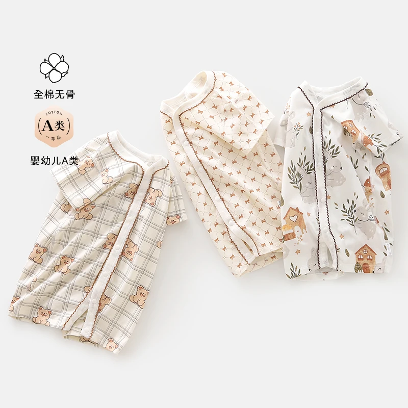 婴儿短袖连体衣服夏天纯棉夏装薄款空调睡衣夏季男女新生宝宝哈衣