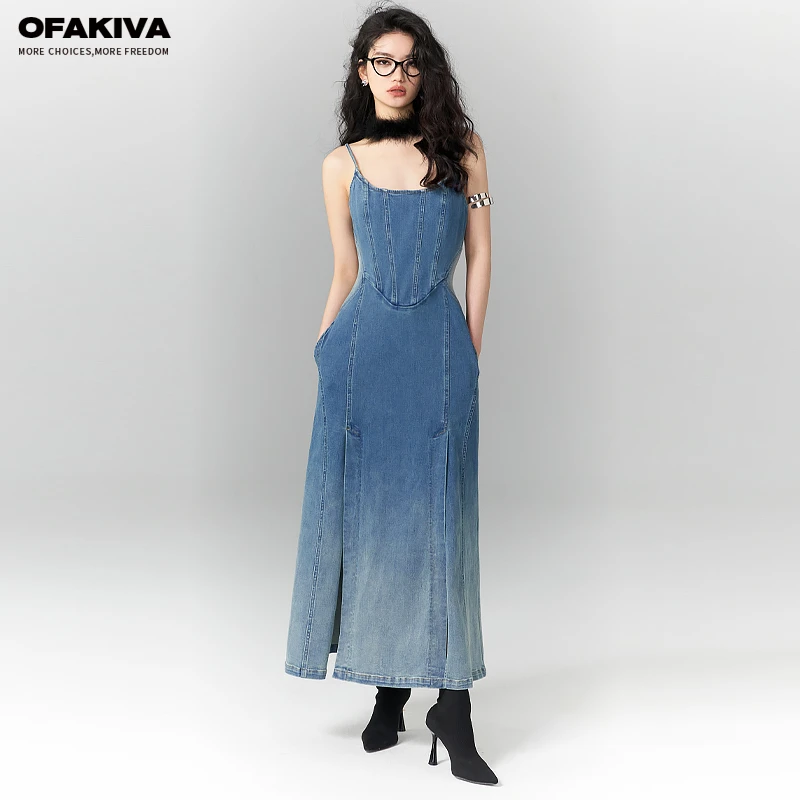 OfAkiva 比例分割显腰细牛仔吊带连衣裙女夏季蓝色牛仔裙