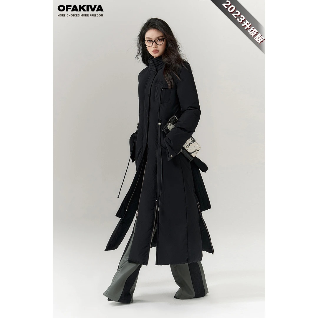 【2023升级版】OfAkiva 黑色鹅绒服女冬季中长款外套