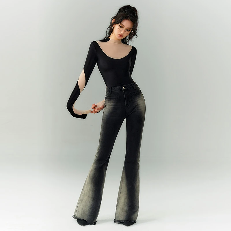 OfAkiva 骨骼渐变复古牛仔裤显瘦撞色喇叭裤