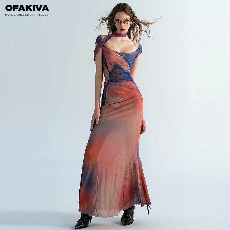 OfAkiva “巨星出逃”落日油画印花连衣裙女夏高腰显瘦飘带碎花长裙