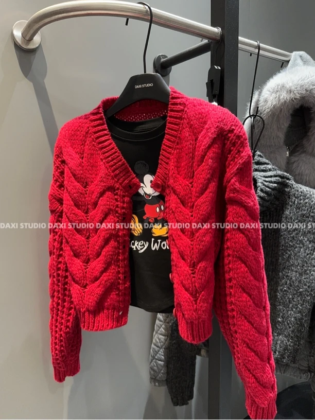Da嘻【圣诞红重工单排扣麻花针织开衫】韩系软糯百搭慵懒风毛衣外套