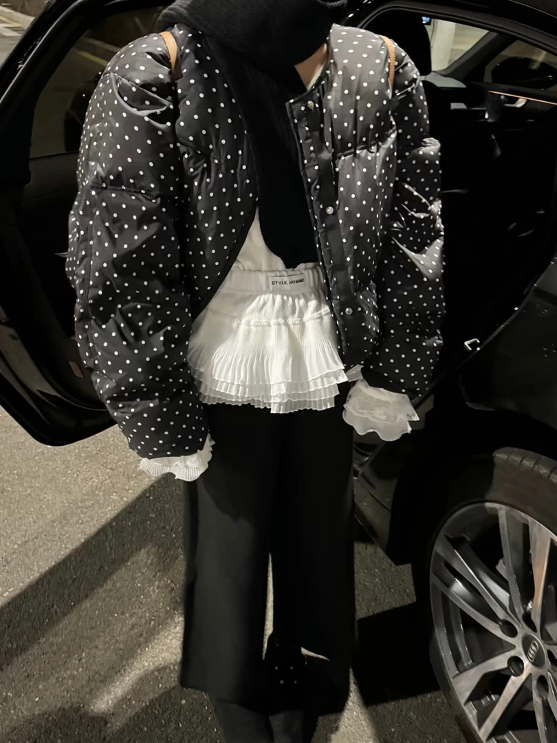 Da嘻【波点圆领面包服外套】韩系休闲宽松小个子短款棉服外套