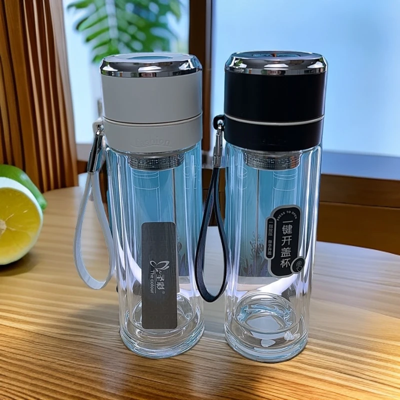 一键开盖双层高硼硅玻璃杯车载居家日用礼品办公定制工厂直营