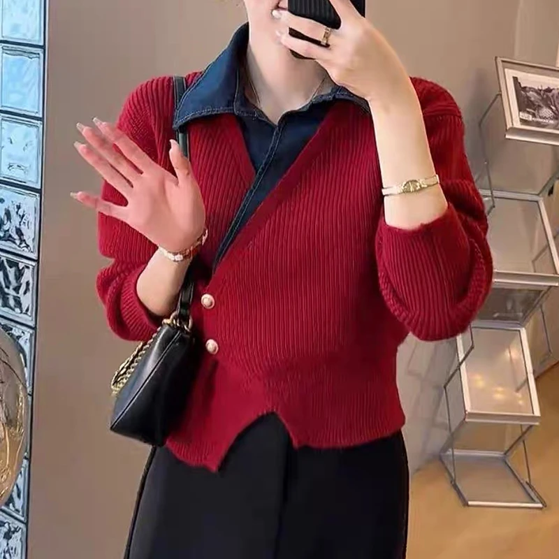 爆款洋气假两件牛仔拼接毛衣女轻熟红色针织开衫春秋洋气毛衣外套