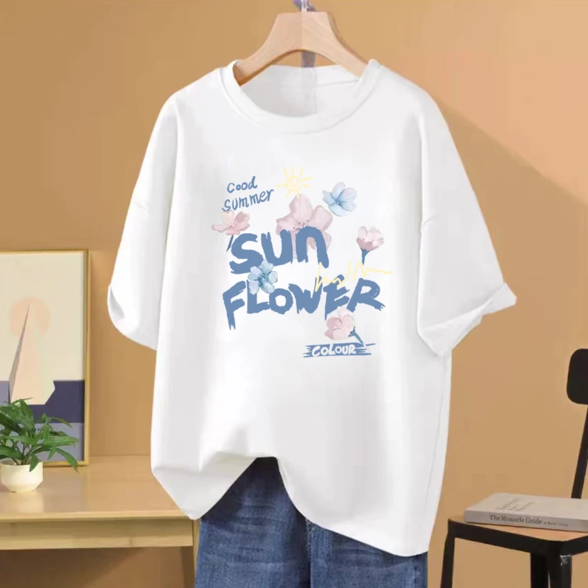 【688】透气宽松2024夏季T恤纯棉印花休闲时尚百搭T恤-SUN花朵