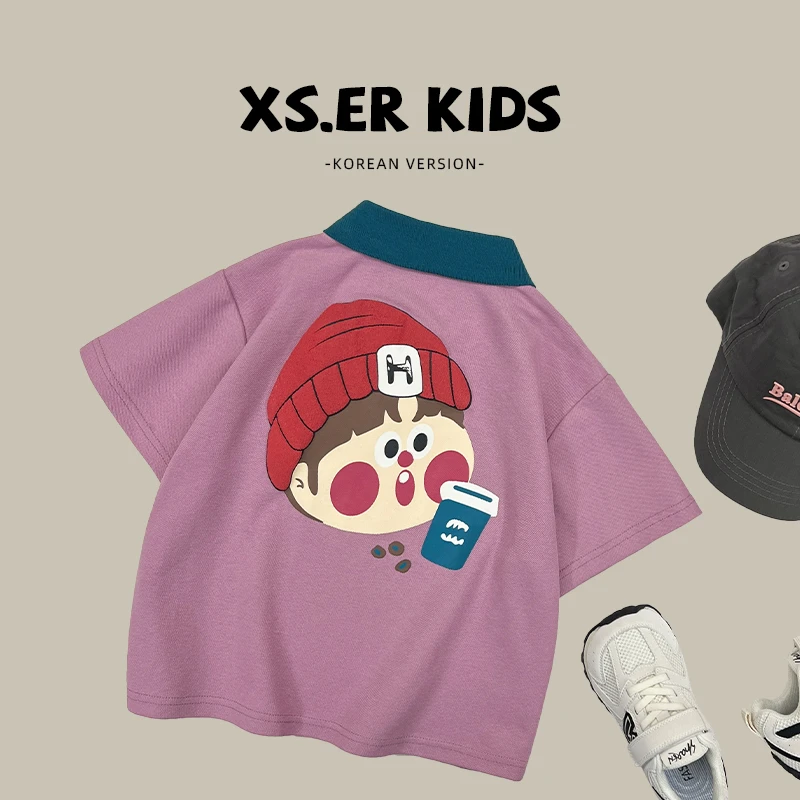 【小首尔】现货-qc男童韩版卡通印花T恤夏时尚百搭翻领上衣hbb3853