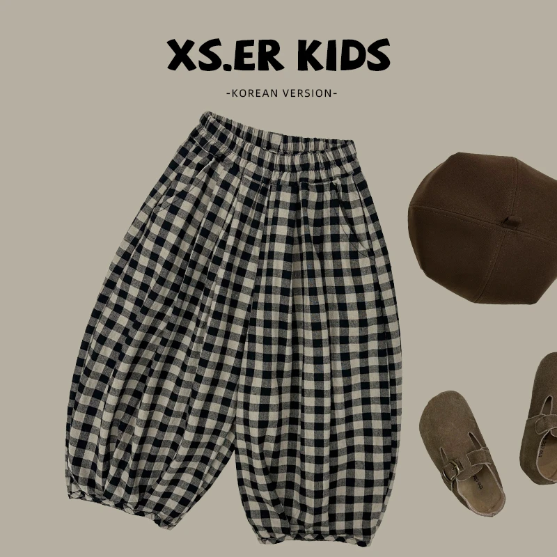 【小首尔】现货-qc男童韩版简约格纹裤子秋百搭时尚宽松长裤HBB3749