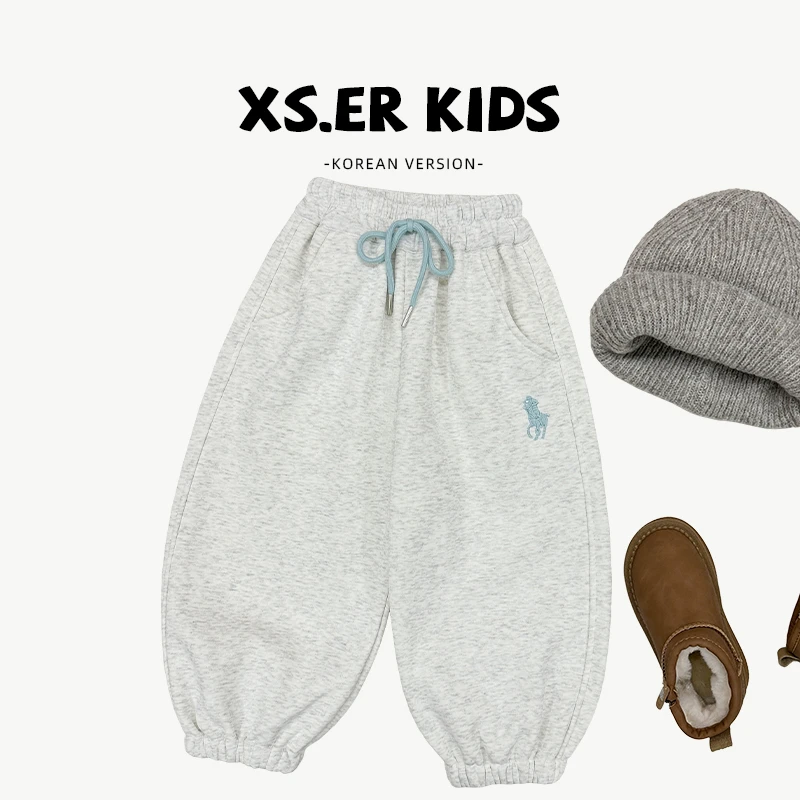 【小首尔】现货-男女童韩版刺绣卫裤春季休闲宽松裤子HBB6650