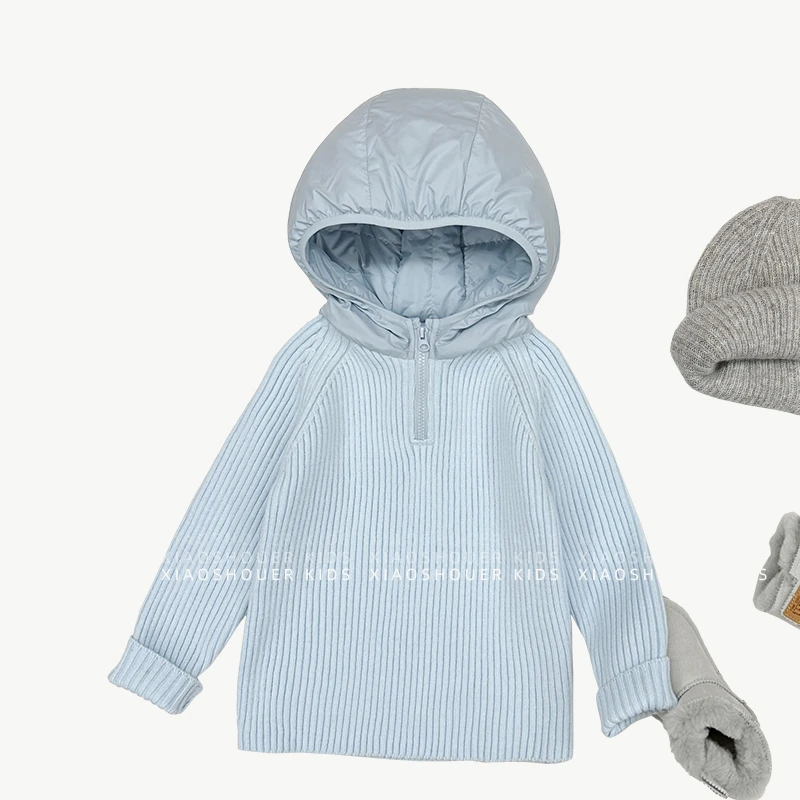 【小首尔】四色现货-qc8冬装男女童套头拼接连帽针织毛衣HBB6329