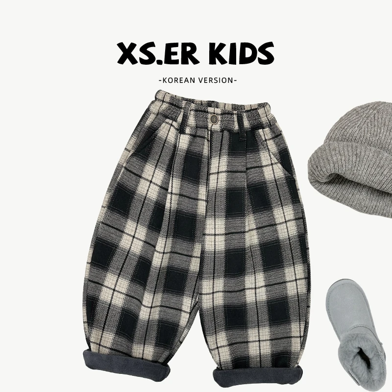 【小首尔】现货-男女童加绒加厚简约韩版休闲格子裤宽松裤子HBB6083