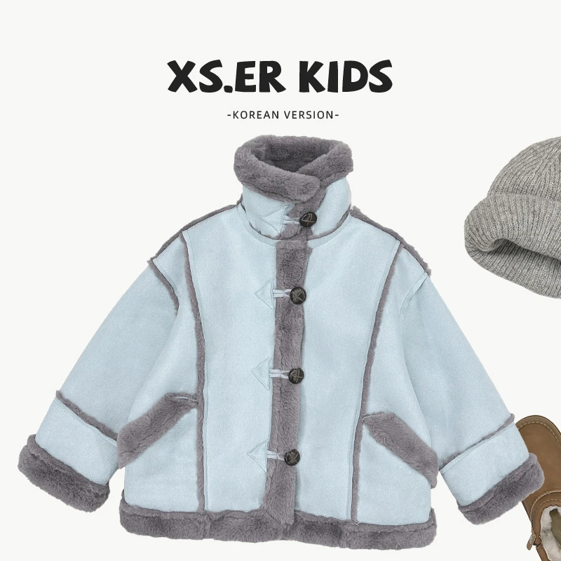 【小首尔】现货-qc5男女童韩系大衣冬加绒加厚机车服外套HBB6453