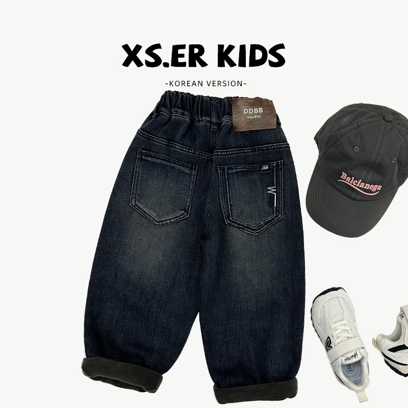 【小饭团】-冬装儿童韩版贴标设计复古保暖加绒牛仔裤SJ4420