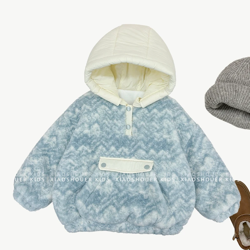 【小首尔】现货-qc7冬男女童拼色连帽加绒加厚保暖卫衣棉服HBB6483