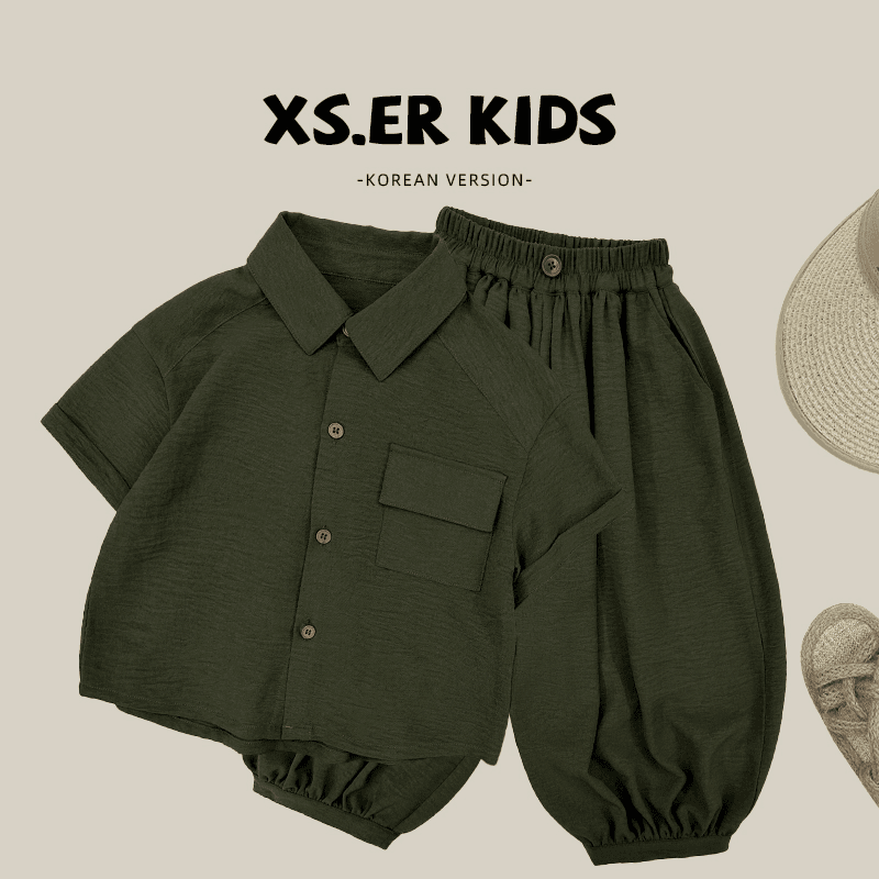 【小饭团】现货-男童简约韩版纯色两件套夏宽松薄款套装HBB5358