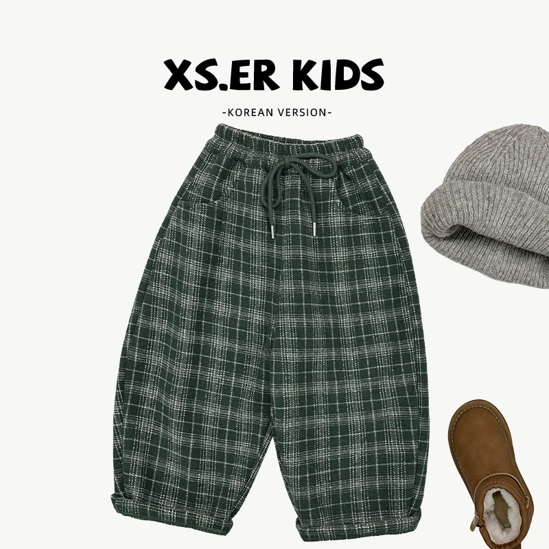 【小首尔】现货-qc2男女童加绒加厚韩版休闲格子裤宽松裤子HBB6557