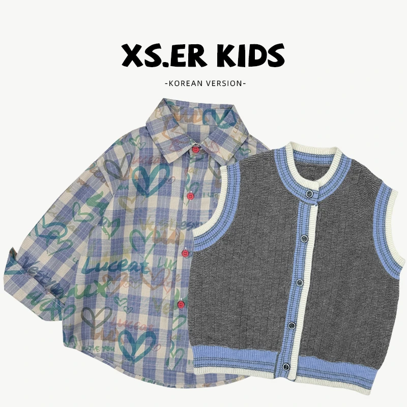 【小首尔】现货-秋季男童韩版学院风格子满印宽松翻领套装ZH0418