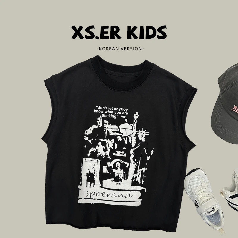 【小首尔】现货-男童复古美式潮流背心夏时尚个性无袖上衣HBB5066