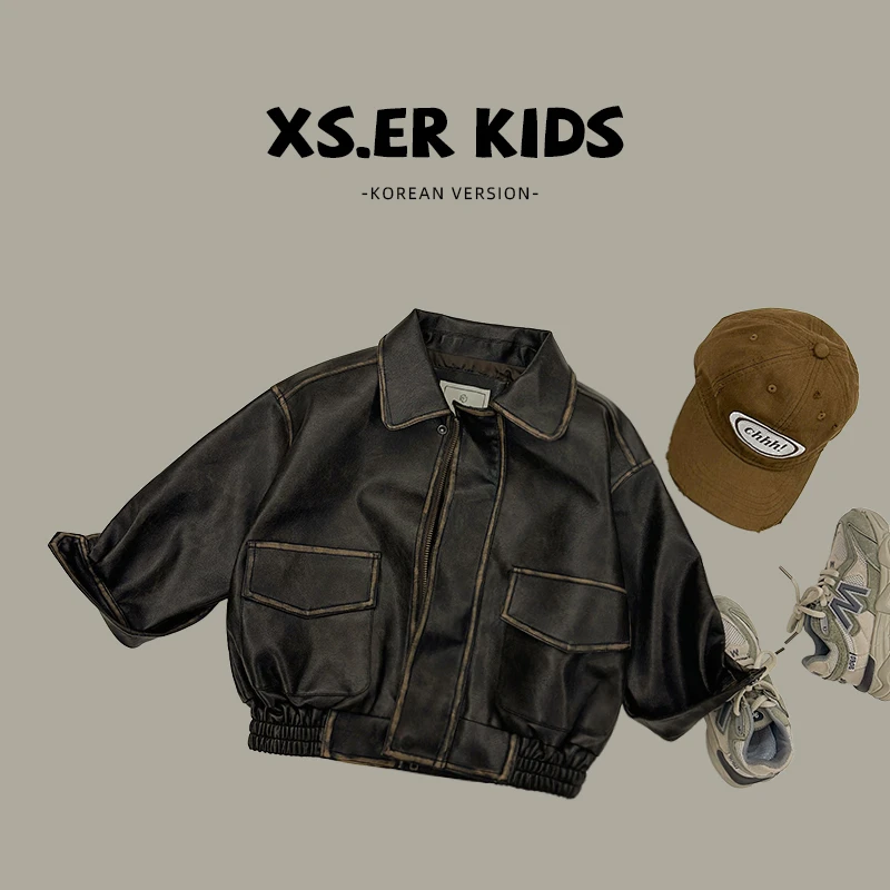 【小首尔】现货-春秋男童复古韩版夹克新款气质潮流皮衣HBB2312