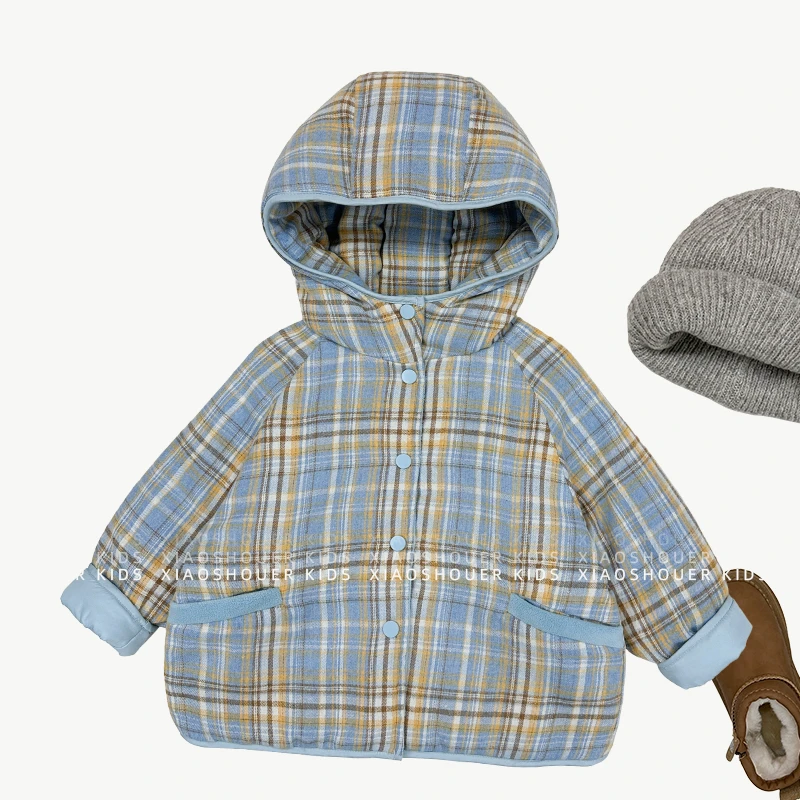 【小首尔】现货-qc2男女童格子连帽棉服冬保暖加绒加厚棉袄HBB6255