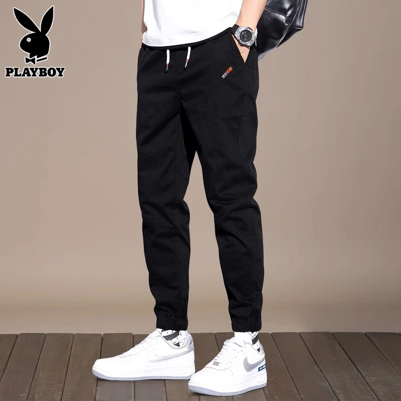 花花公子黑色工装裤子男士春季潮牌宽松束脚运动休闲长裤男春秋款