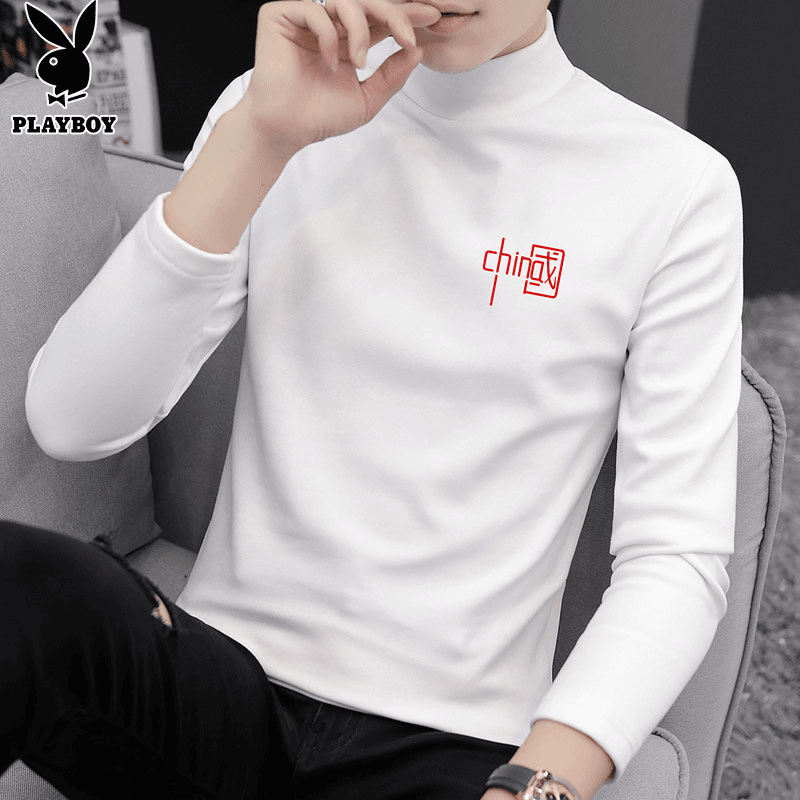 PLAYBOY双面德绒打底衫男士长袖t恤半高领保暖秋季纯色磨毛内搭男