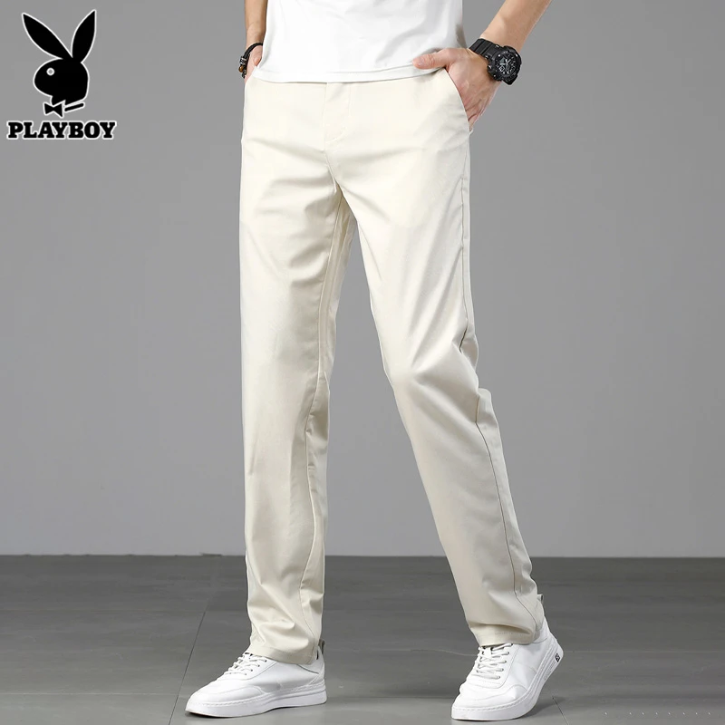 PLAYBOY春秋休闲裤男士直筒长裤2023新款潮流宽松百搭米白西裤男