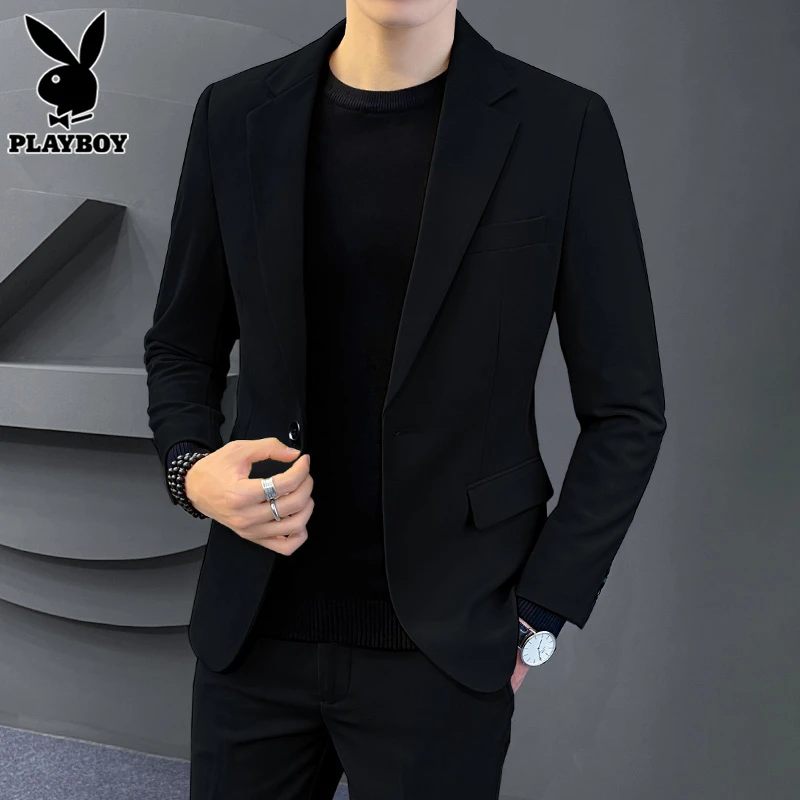 花花公子黑色西服套装男士春秋季商务休闲小西装外套帅气潮流上衣
