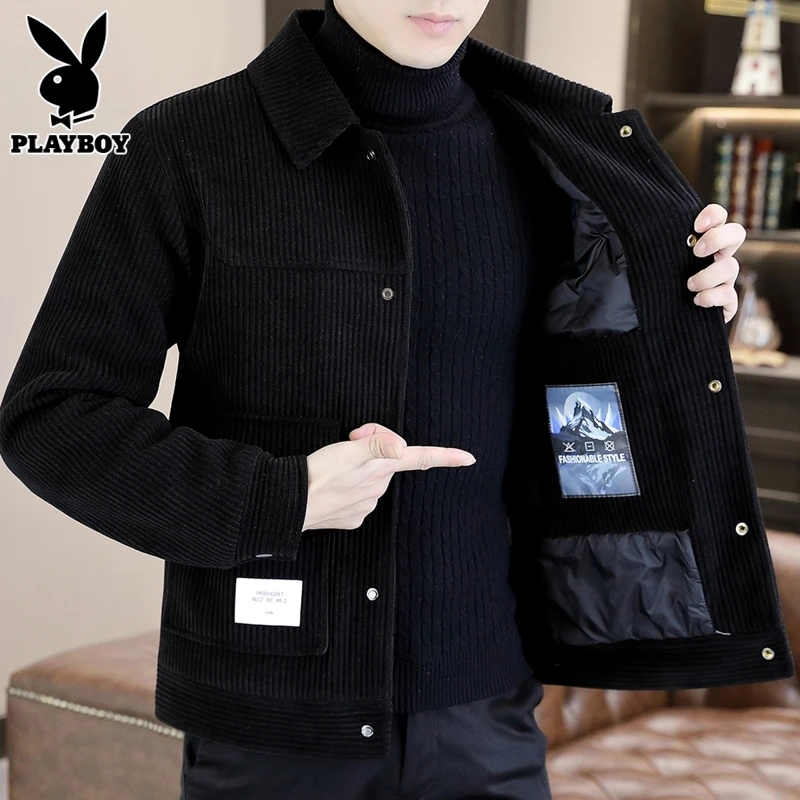 花花公子羽绒服男士翻领潮流加厚保暖夹克灯芯绒休闲外套男款冬季