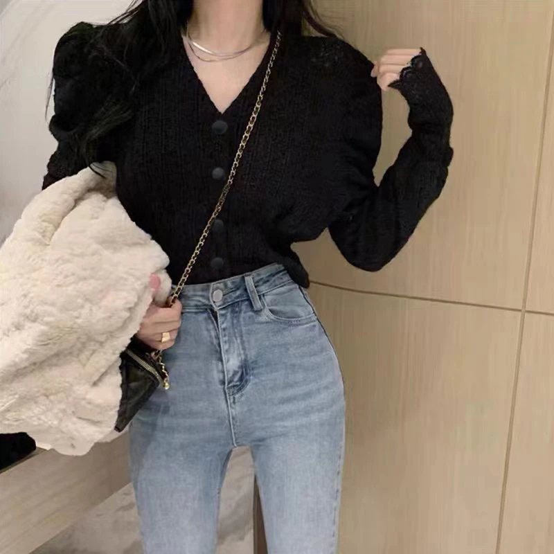 【现货】09073胖mm秋冬法式气质V领长袖打底蕾丝衫上衣时尚气质女装