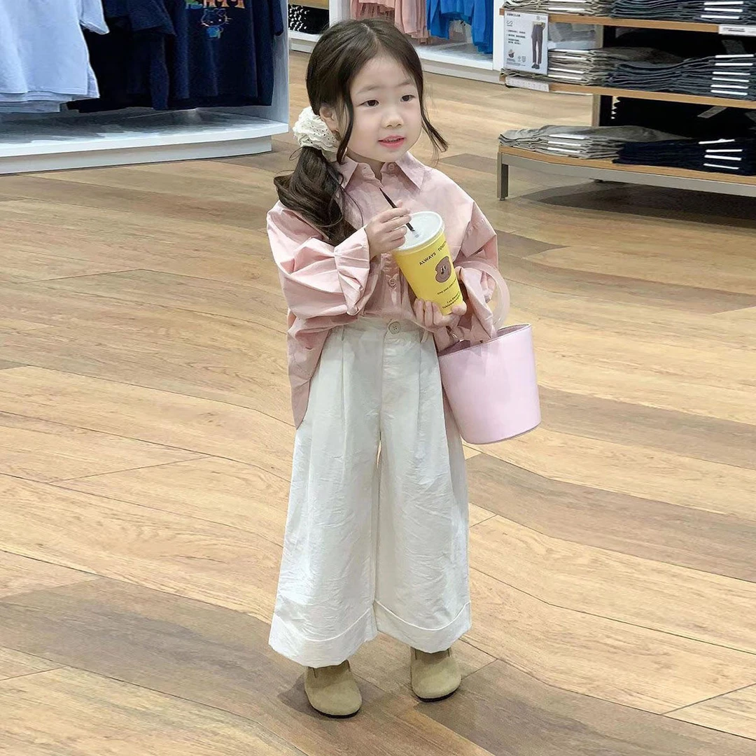女童秋季新款套装女宝宝翻领宽松衬衣阔腿裤洋气百搭两件套