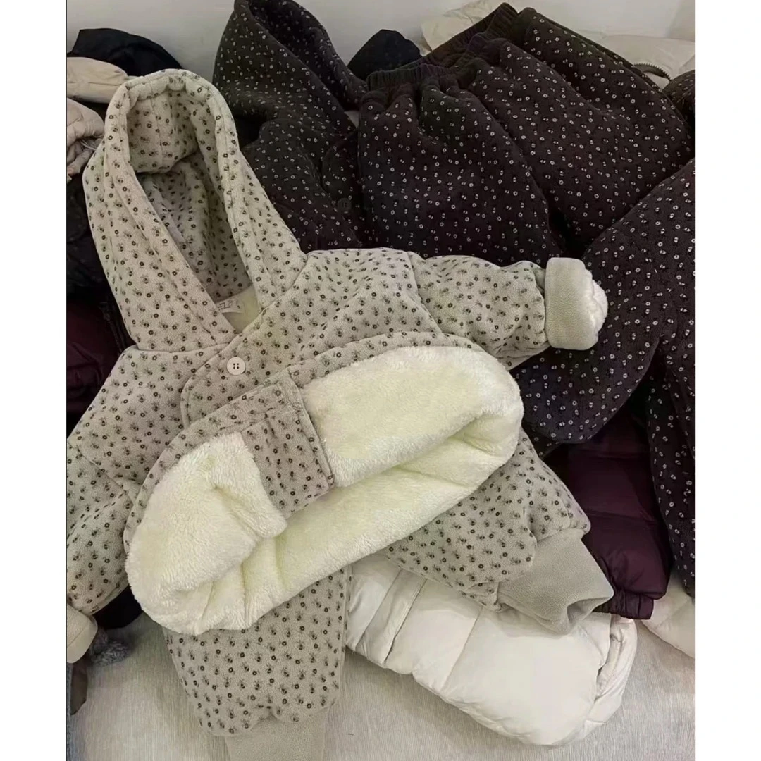 儿童碎花冬季加绒加厚家居服套装保暖休闲男女宝宝两件套