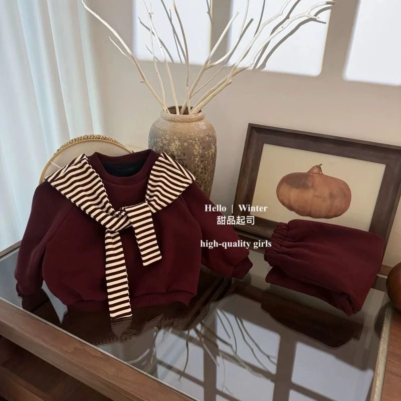 男女童冬季新款加绒套装洋气男女宝宝条纹披肩卫衣裤子两件套