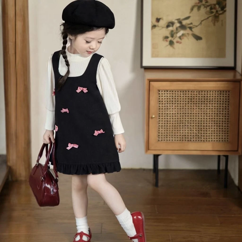 女童秋季新款连衣裙背心裙蝴蝶结长袖打底衫两件套