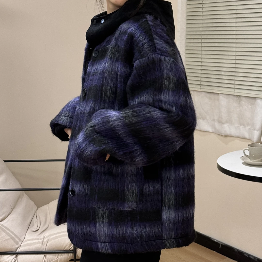 去月球TTM 原创【一串串的梦】冬季加绒加厚格纹圆领毛呢外套