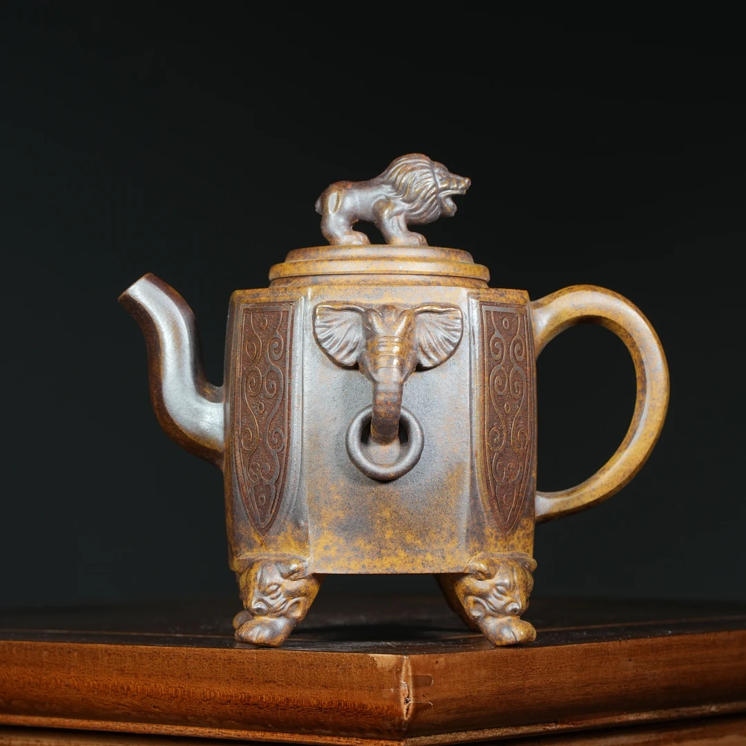 宜兴原矿龙骨金砂书法刻绘《八方瑞狮》全手工紫砂壶容量400CC