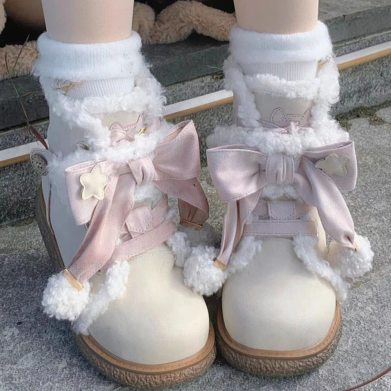少女学生鞋冬季加绒新款毛绒棉鞋可爱平底圆头蝴蝶结雪地靴lo鞋子