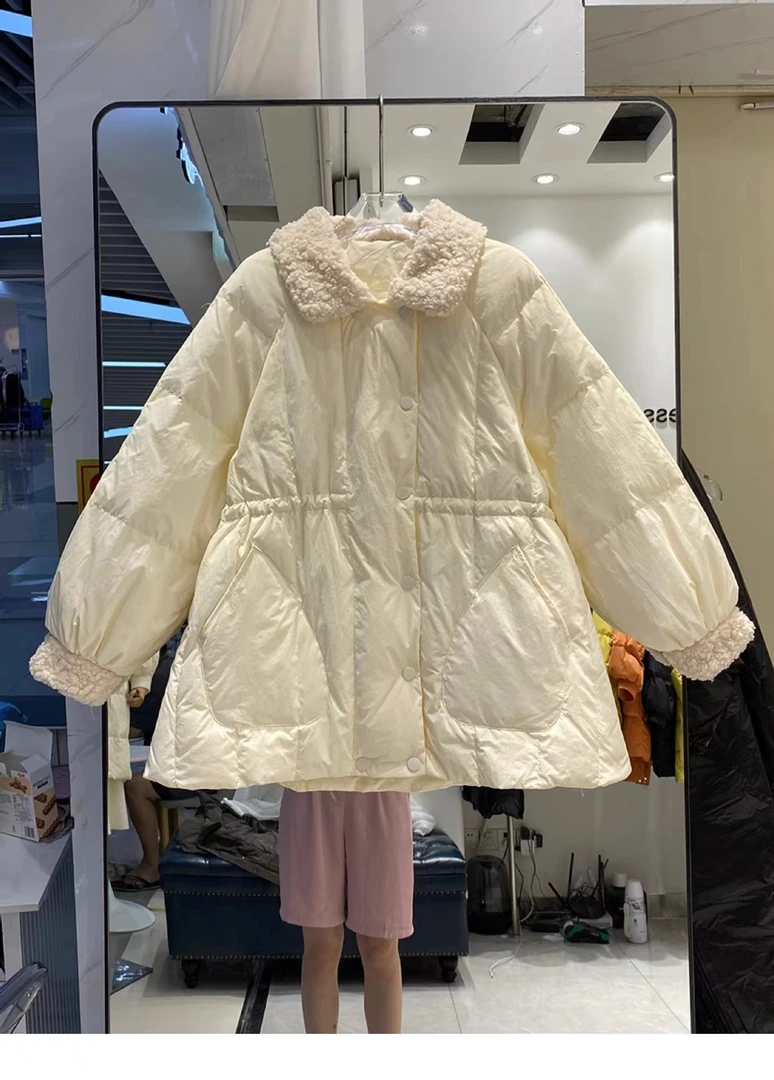 羽绒服2024新款保暖大码外套羊羔毛拼接白鸭绒短款服女 韩版时尚