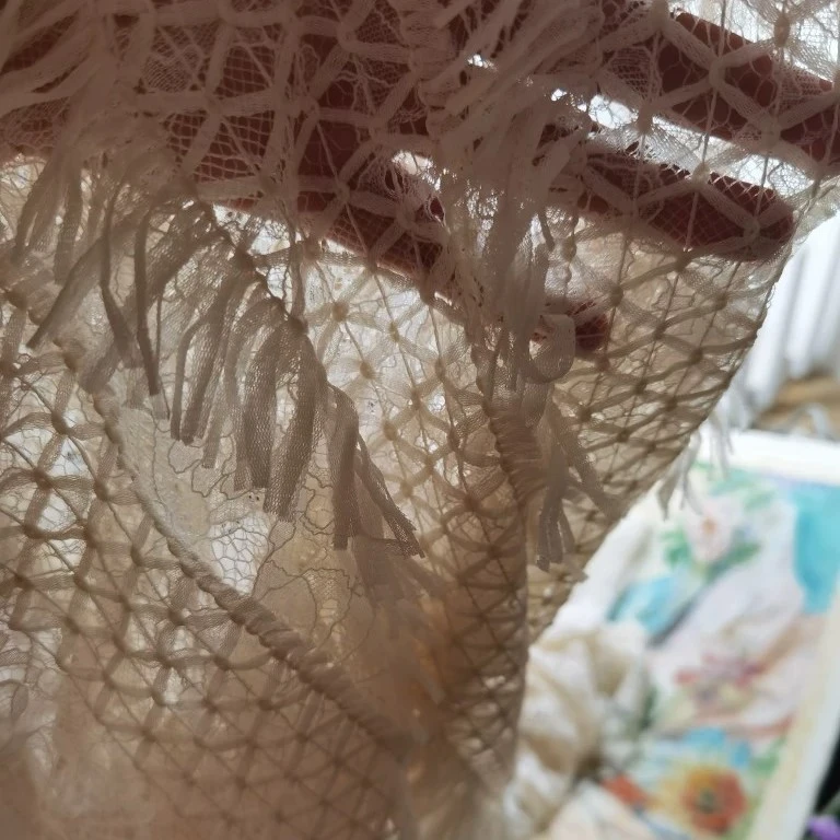 米白色流苏蕾丝面料汉服古风圈仙女洛丽塔旗袍羽毛服装布料高级