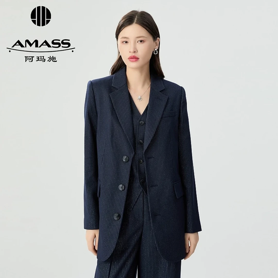 AMASS/阿玛施女装新款时尚经典复古文艺细闪条纹西装外套5400924