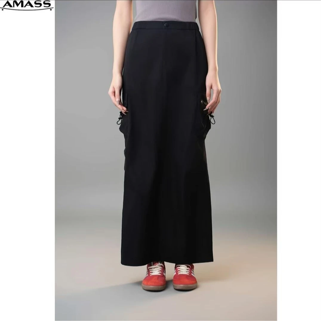 AMASS/阿玛施秋季新款复古工装风黑色直筒长裙小众简约时尚520007
