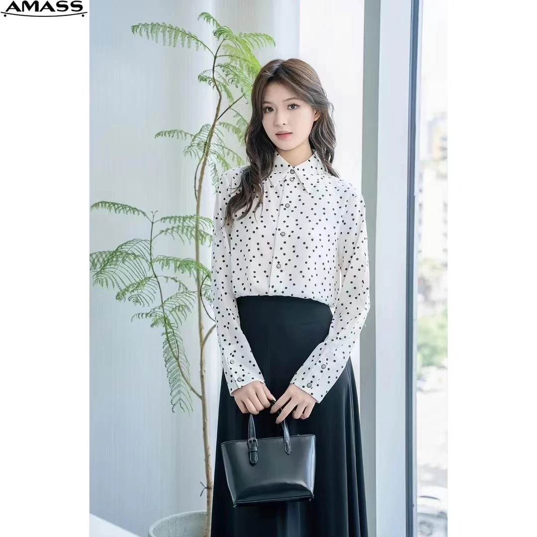 AMASS/阿玛施夏季新款时尚复古风波点翻领长袖气质衬女5301098-3