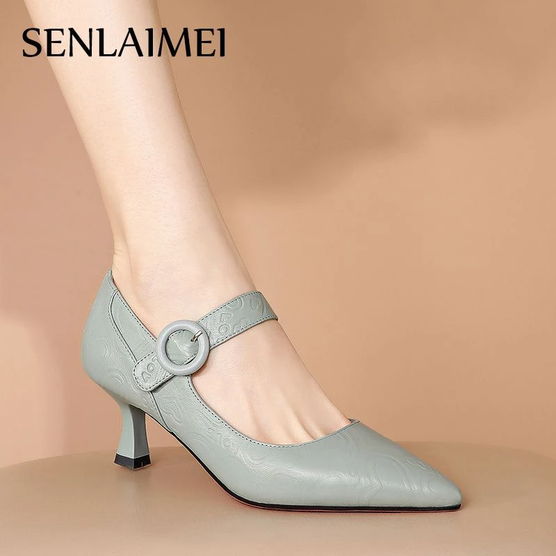 尖头不掉跟时装鞋/羊皮/34-40/3366气质百搭中跟一字带浅薄荷曼波