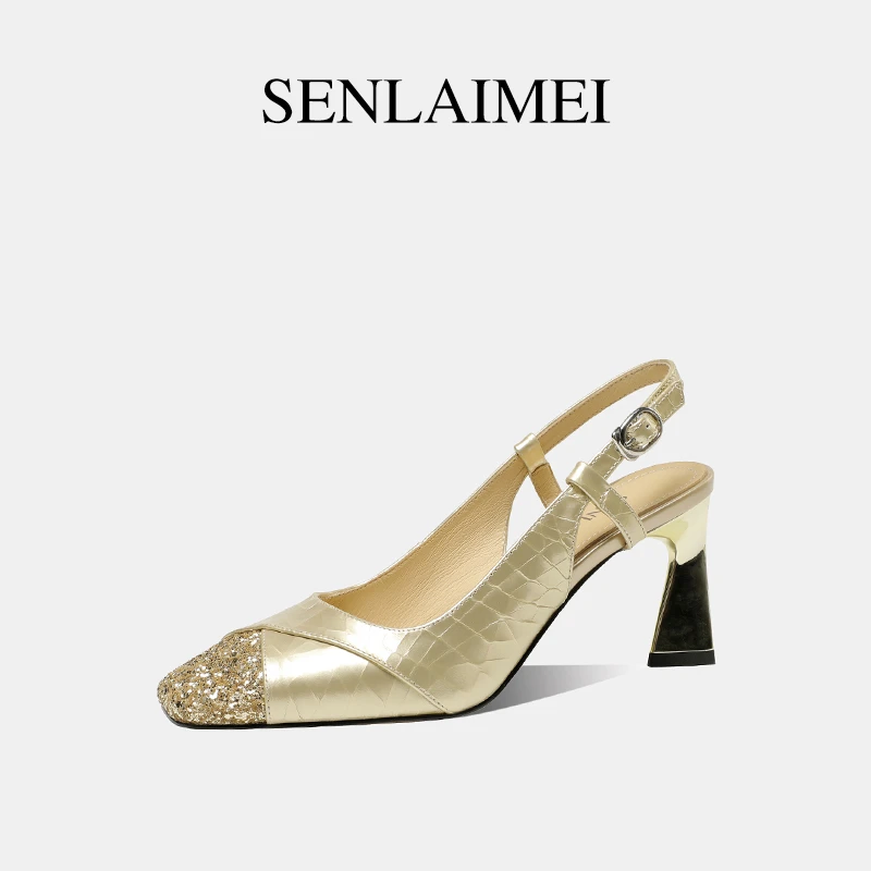 牛皮/7CM 2024春季法式气质金属贴片高跟鞋-8412