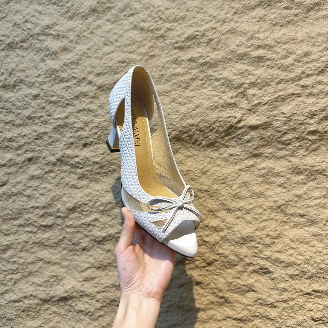 网纱镂空鱼嘴鞋/羊皮/33-40/8553尖头高跟时尚蝴蝶结包跟鱼嘴8546