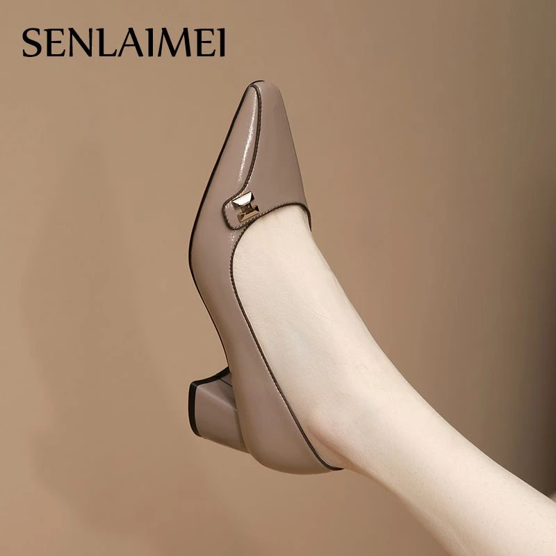 3868/羊皮34-40品牌气质女鞋春季粗跟浅口中跟方头跟鞋百搭春秋