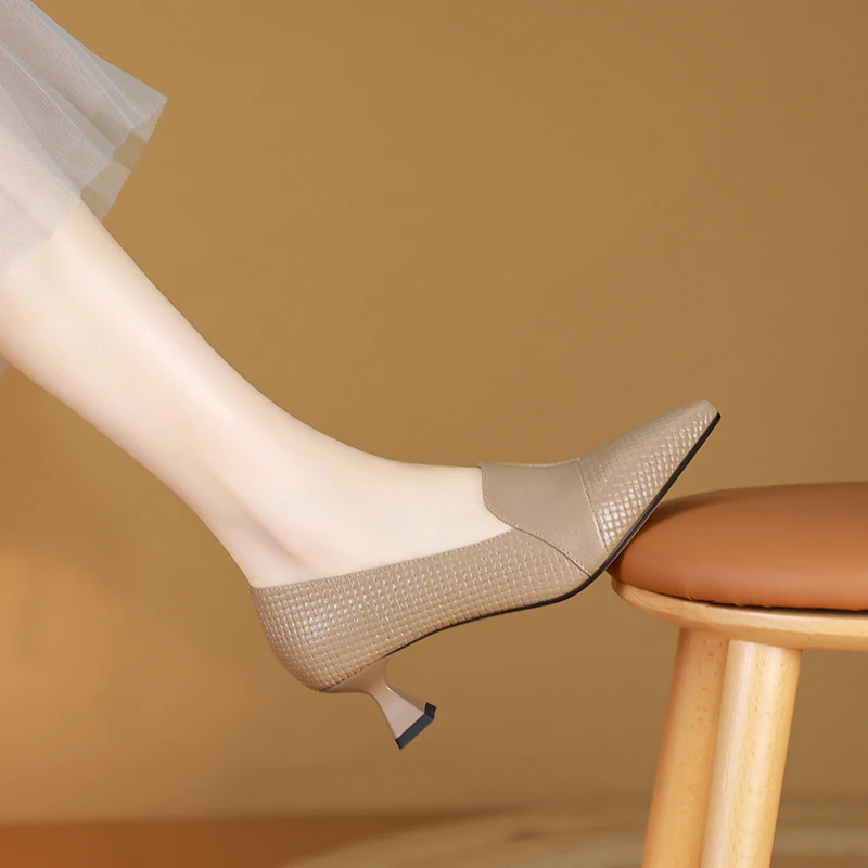 951羊皮34/42春秋新款复古细跟尖头拼接百搭气质低跟浅口单鞋