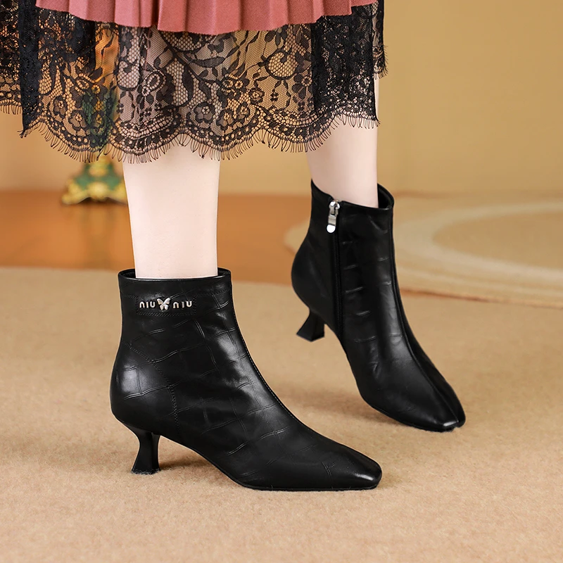 方头及踝靴/牛皮/33-40/8789简约百搭高级感真皮短靴时尚中跟靴子