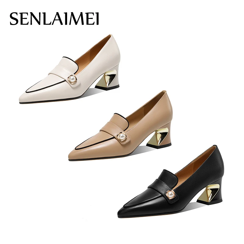 跟高5cm/气质牛皮单鞋粗跟尖头英伦新款春秋女鞋百搭白色中跟8298