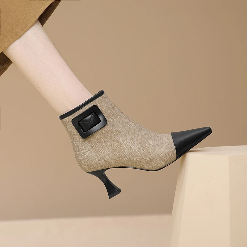 法式性感细跟高跟短靴749牛皮34-40小方头加绒拼接及裸靴时装靴